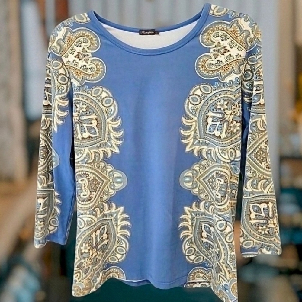 J.Mclaughlin Catalina Cloth 3/4 Sleeve Paisley Scroll, Floral Blue & Cream